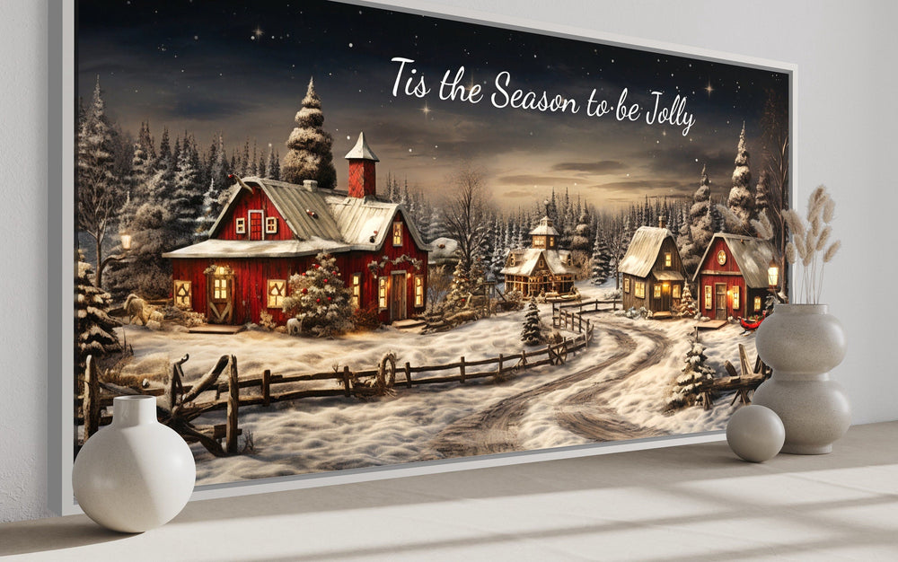 Christmas Eve canvas wall art featuring a snowy farmhouse scene with Tis The Season To Be Jolly text