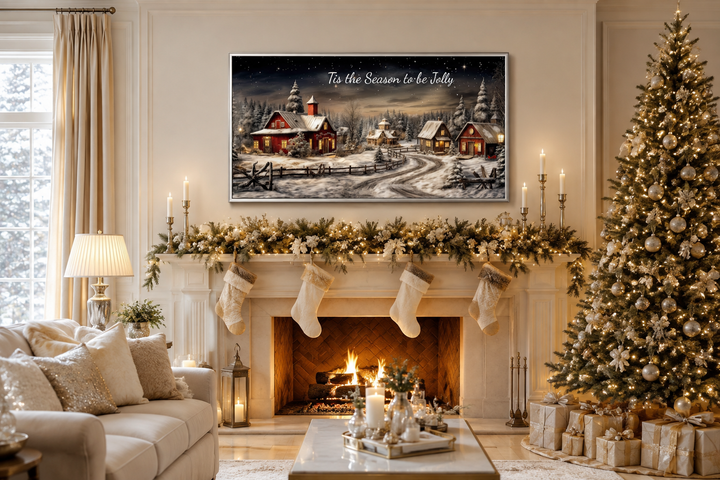 Christmas Eve canvas wall art with a snowy village scene and 'Tis The Season To Be Jolly' text.