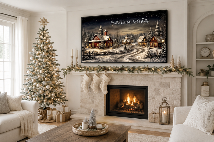 Christmas Eve canvas wall art with snowy village scene and Tis The Season To Be Jolly text.
