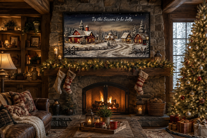 Christmas Eve canvas wall art with a snowy village scene and "Tis The Season To Be Jolly" text.