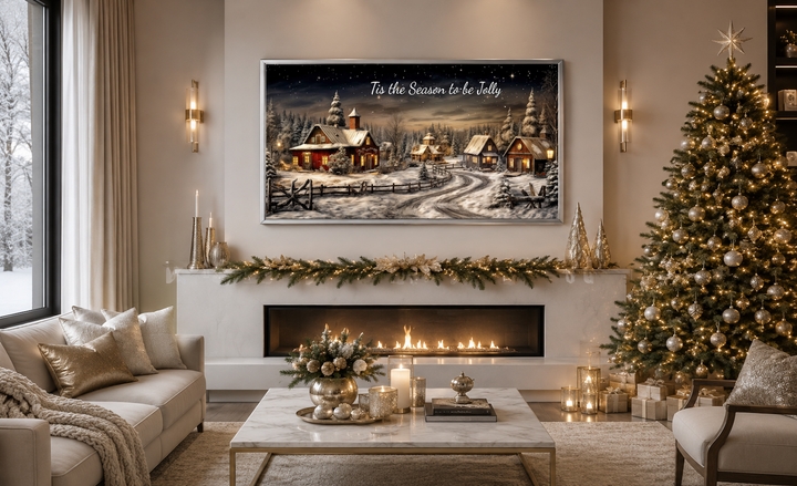 Christmas Eve canvas wall art with snowy village scene and 'Tis The Season To Be Jolly' text.