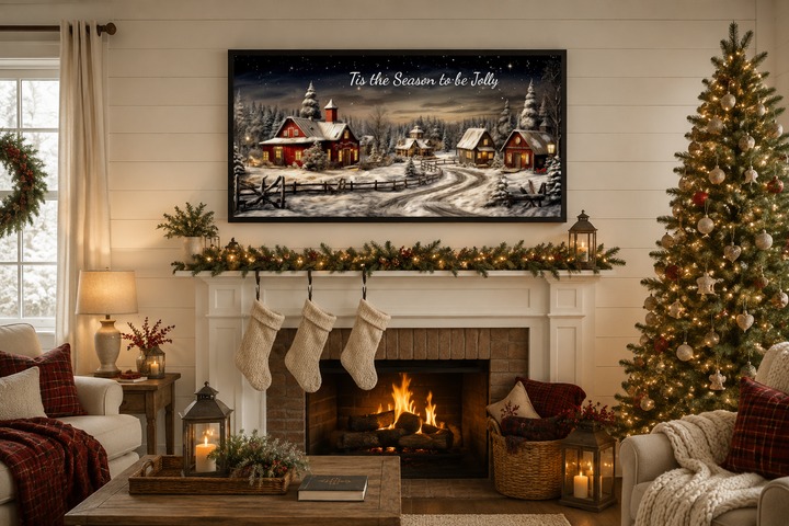 Christmas Eve canvas wall art with a snowy village scene and text above a decorated fireplace.