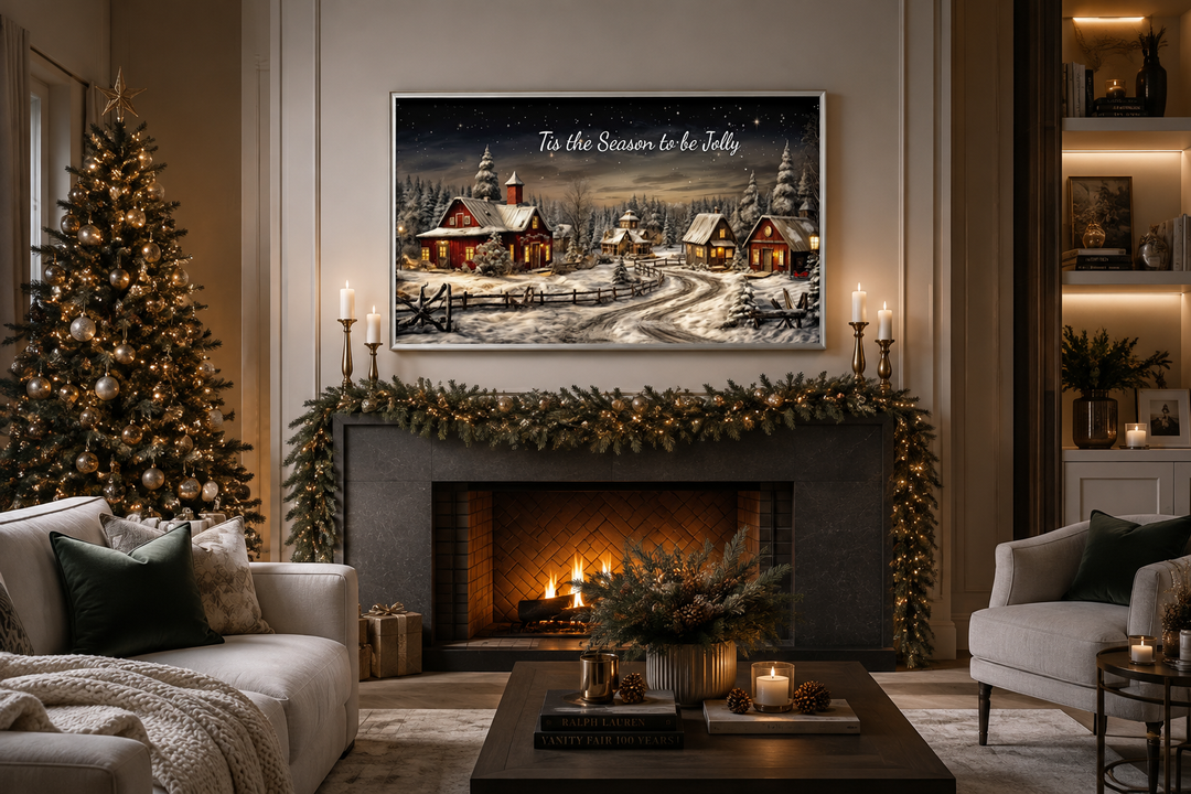 Christmas Eve canvas art with snowy village scene and 'Tis The Season To Be Jolly' text over mantel.