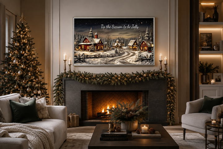 Christmas Eve canvas art with snowy village scene and 'Tis The Season To Be Jolly' text over mantel.