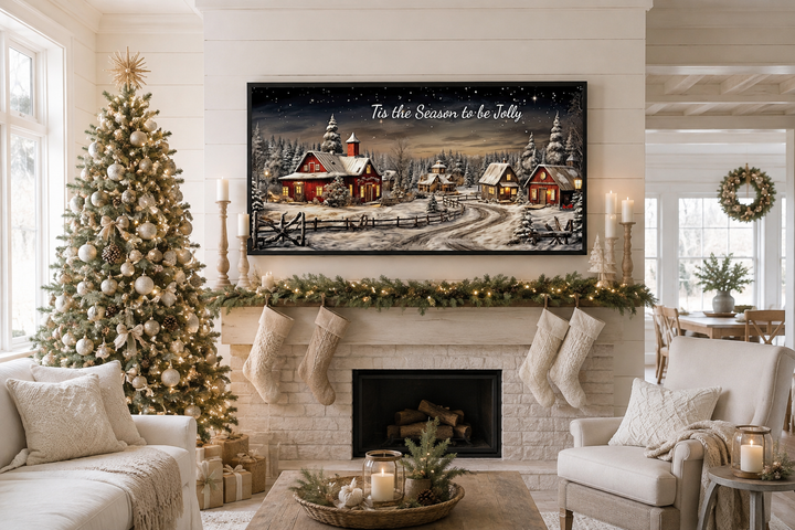Christmas Eve canvas wall art with snowy village scene and 'Tis The Season To Be Jolly' text.