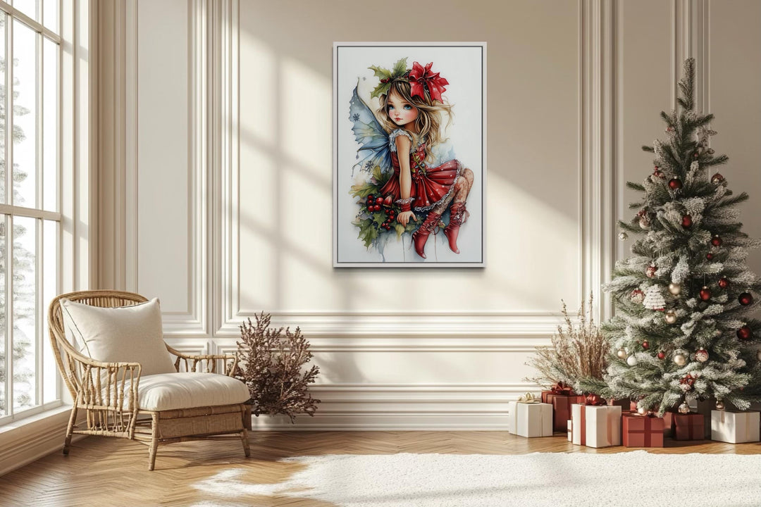 Christmas Fairy Sitting on Mistletoe Framed Canvas Wall Art