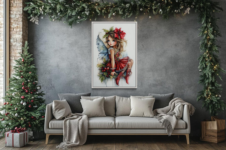 Christmas Fairy Sitting on Mistletoe Framed Canvas Wall Art