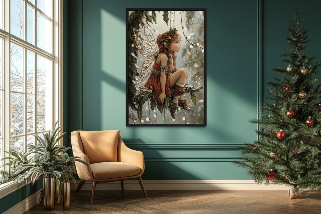 Christmas Fairy Sitting on Mistletoe Framed Canvas Wall Art