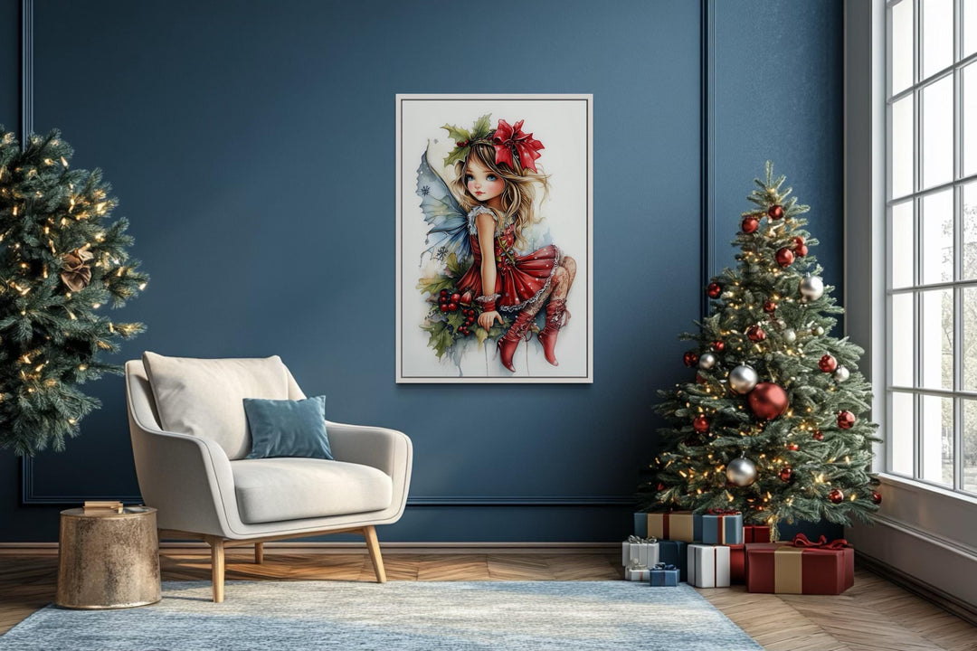 Christmas Fairy Sitting on Mistletoe Framed Canvas Wall Art