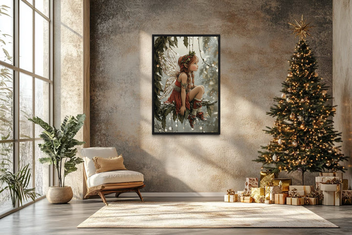 Christmas Fairy Sitting on Mistletoe Framed Canvas Wall Art