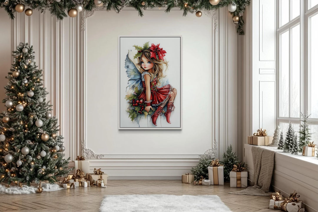 Christmas Fairy Sitting on Mistletoe Framed Canvas Wall Art