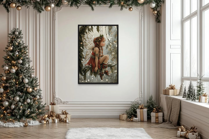 Christmas Fairy Sitting on Mistletoe Framed Canvas Wall Art