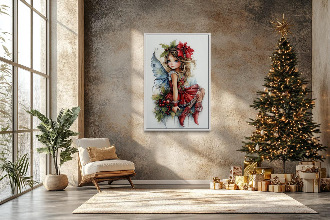 Christmas Fairy Sitting on Mistletoe Framed Canvas Wall Art