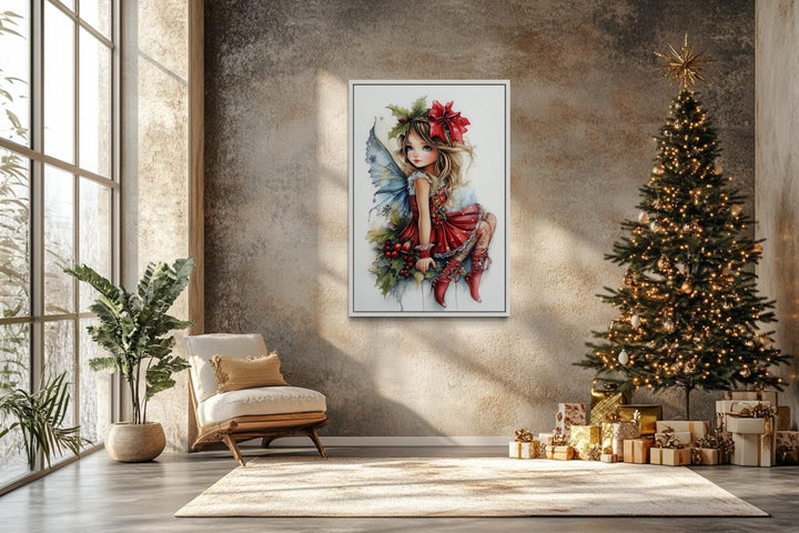 Christmas Fairy Sitting on Mistletoe Framed Canvas Wall Art