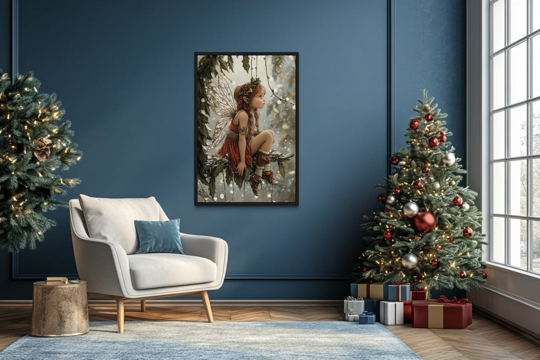 Christmas Fairy Sitting on Mistletoe Framed Canvas Wall Art