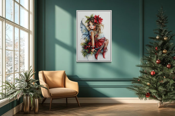 Christmas Fairy Sitting on Mistletoe Framed Canvas Wall Art