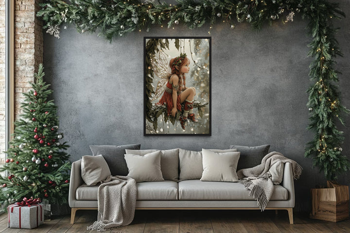 Christmas Fairy Sitting on Mistletoe Framed Canvas Wall Art