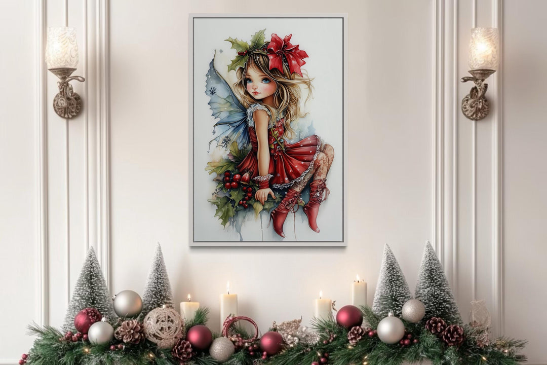 Christmas Fairy Sitting on Mistletoe Framed Canvas Wall Art