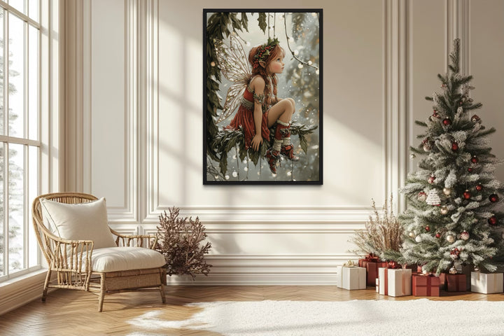 Christmas Fairy Sitting on Mistletoe Framed Canvas Wall Art