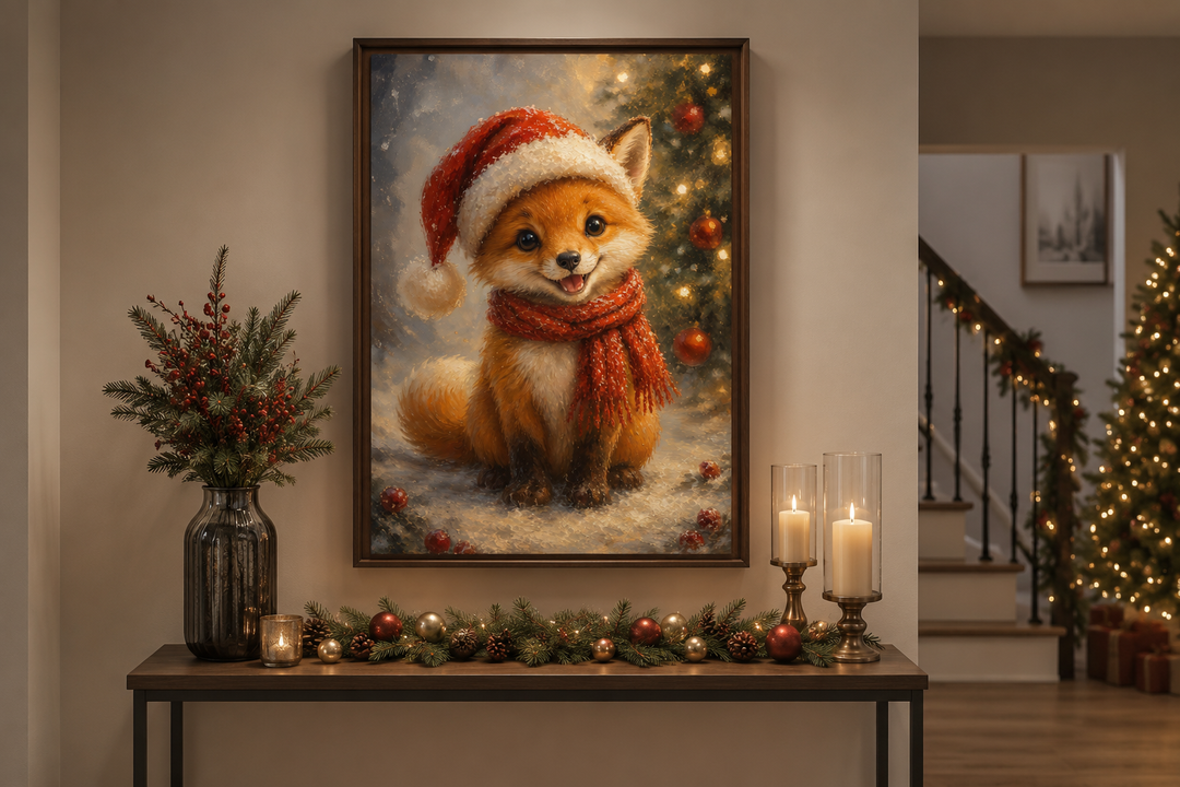 Framed canvas print of a cute fox in a Santa hat and red scarf, displayed above a decorated console.