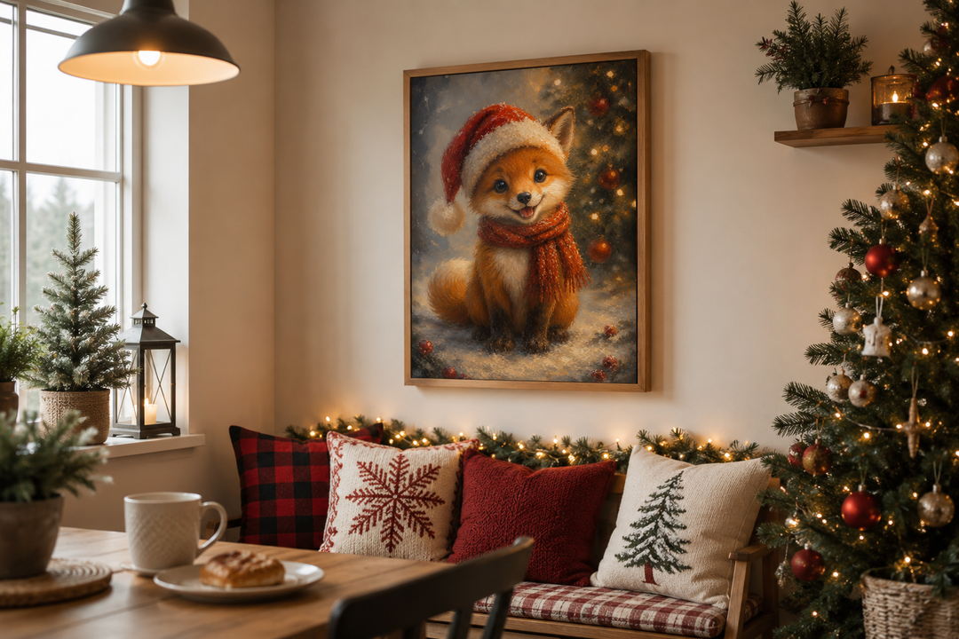 Framed canvas print of a cute fox wearing a Santa hat and red scarf in a festive room setting.