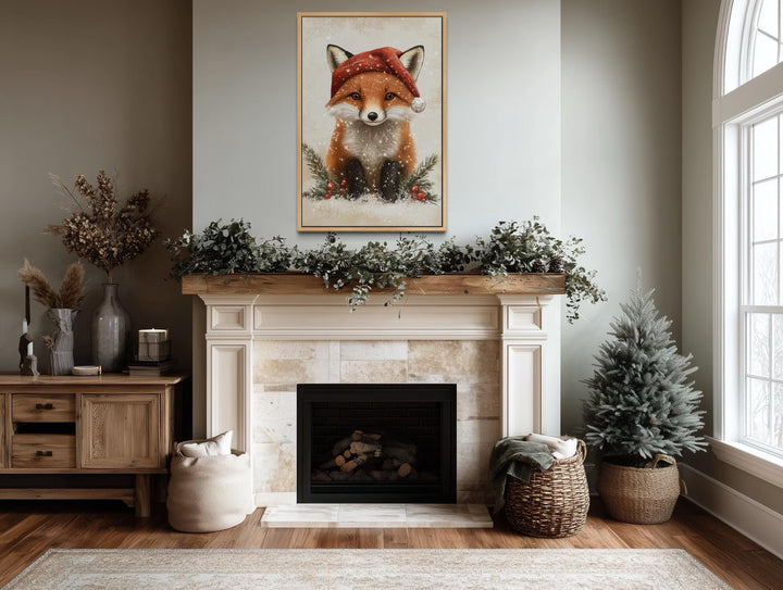 Christmas Fox Wall Art – Festive Canvas Print With Santa Hat | Rustic Nursery Decor