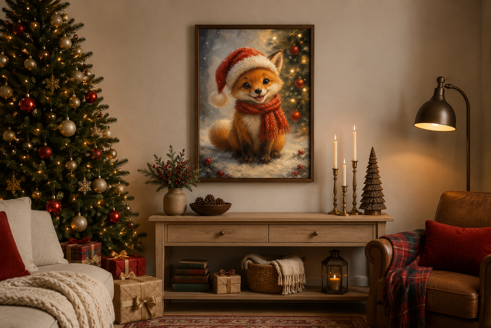 Framed canvas print of a cute fox in a Santa hat and red scarf, displayed in a cozy holiday room.