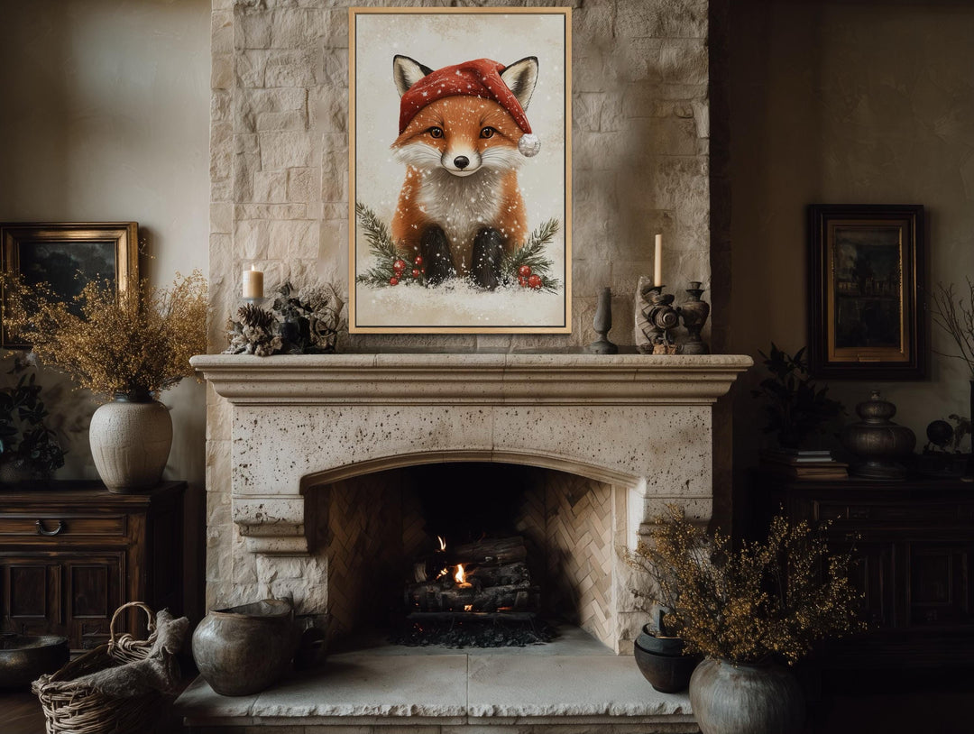 Christmas Fox Wall Art – Festive Canvas Print With Santa Hat | Rustic Nursery Decor