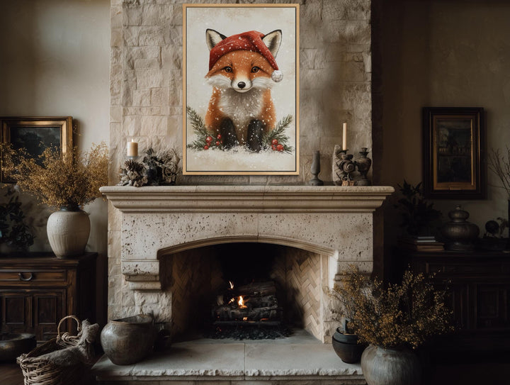 Christmas Fox Wall Art – Festive Canvas Print With Santa Hat | Rustic Nursery Decor