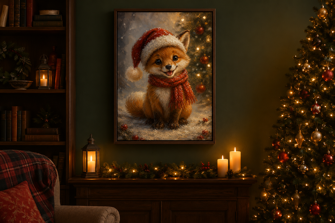 Framed canvas print of a cute fox in a Santa hat and red scarf, displayed in a cozy holiday room.