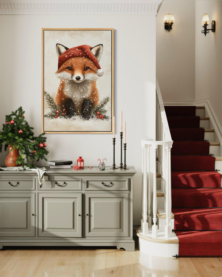 Christmas Fox Wall Art – Festive Canvas Print With Santa Hat | Rustic Nursery Decor