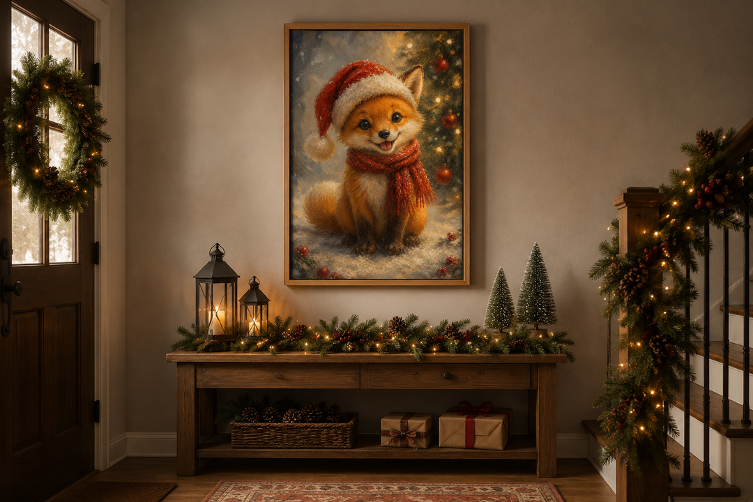 Framed canvas print of a cute fox in a Santa hat and red scarf, styled in a rustic holiday entryway.