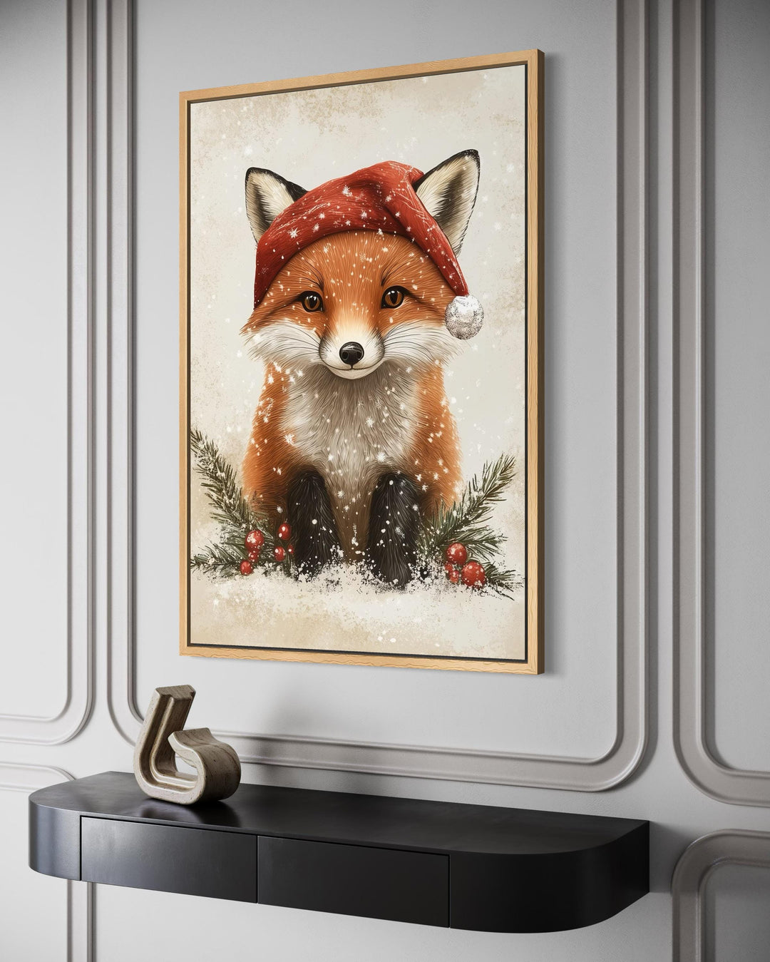 Christmas Fox Wall Art – Festive Canvas Print With Santa Hat | Rustic Nursery Decor