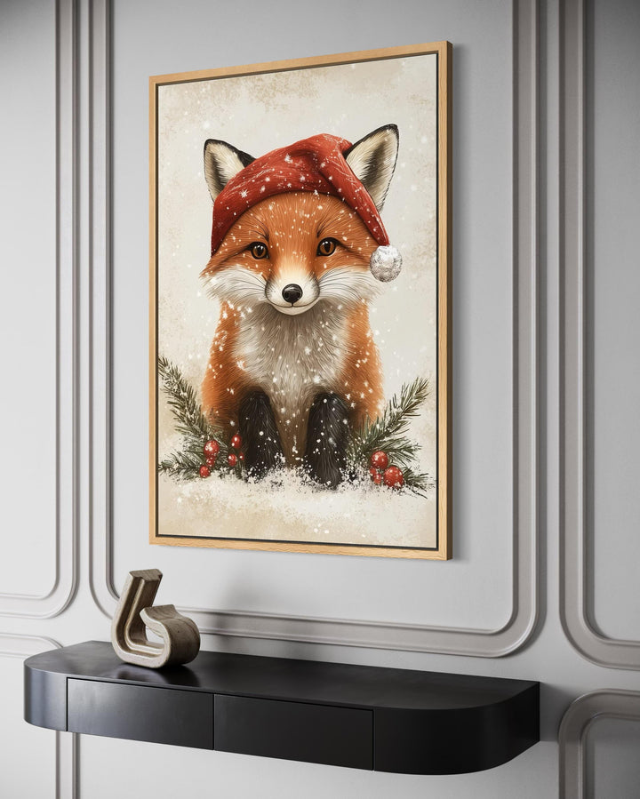 Christmas Fox Wall Art – Festive Canvas Print With Santa Hat | Rustic Nursery Decor