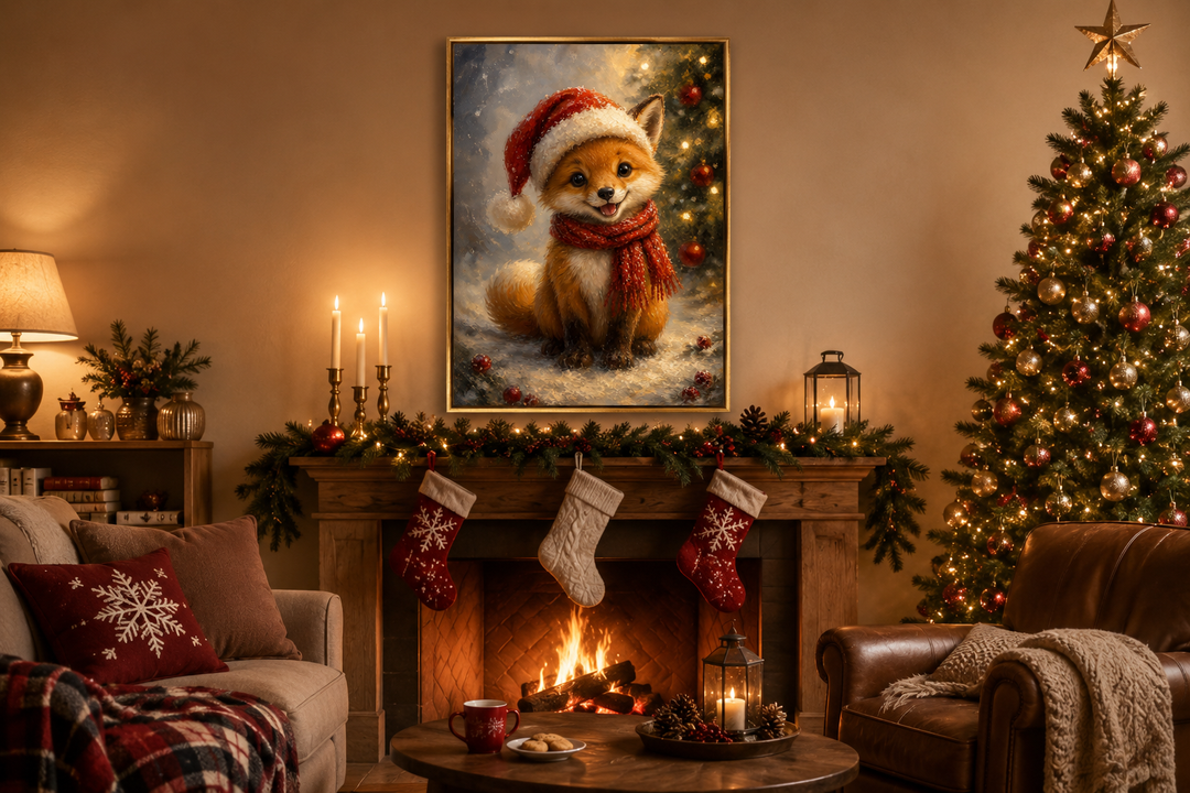 Framed canvas print of a cute fox in a Santa hat and red scarf above a festive fireplace mantle.