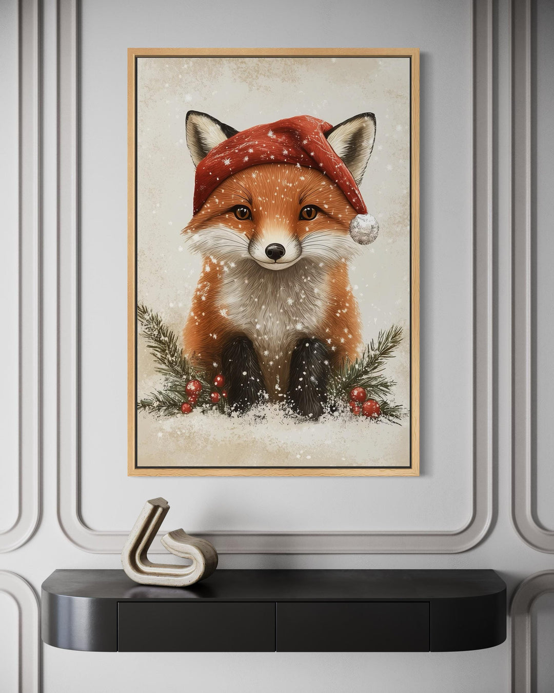 Christmas Fox Wall Art – Festive Canvas Print With Santa Hat | Rustic Nursery Decor