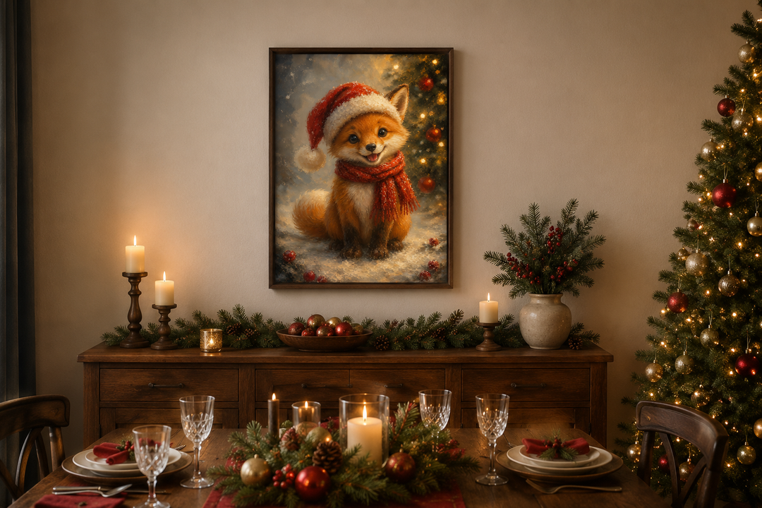 Framed canvas print of a cute fox in a Santa hat and red scarf, hung above a festive dining table.