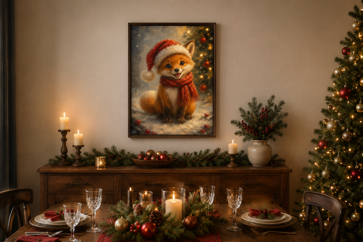 Framed canvas print of a cute fox in a Santa hat and red scarf, hung above a festive dining table.