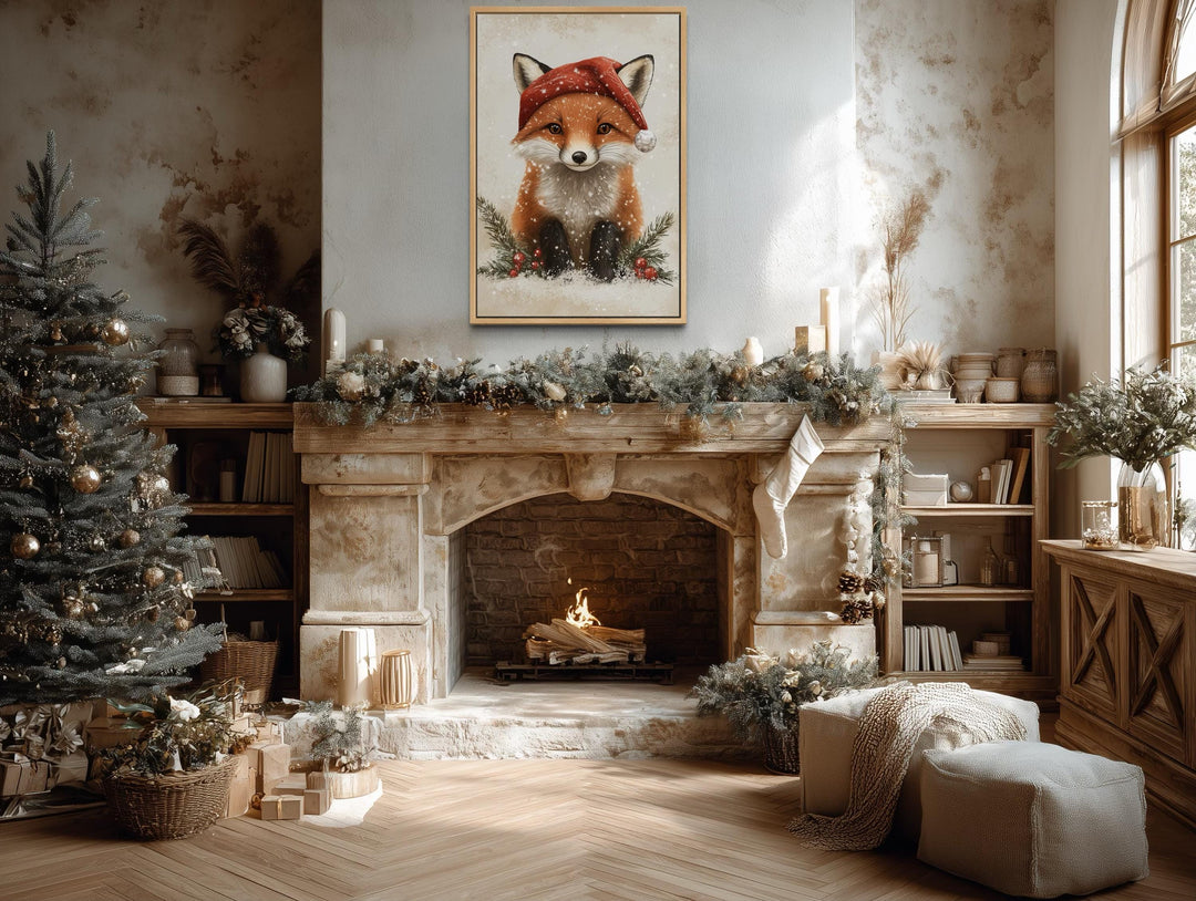 Christmas Fox Wall Art – Festive Canvas Print With Santa Hat | Rustic Nursery Decor