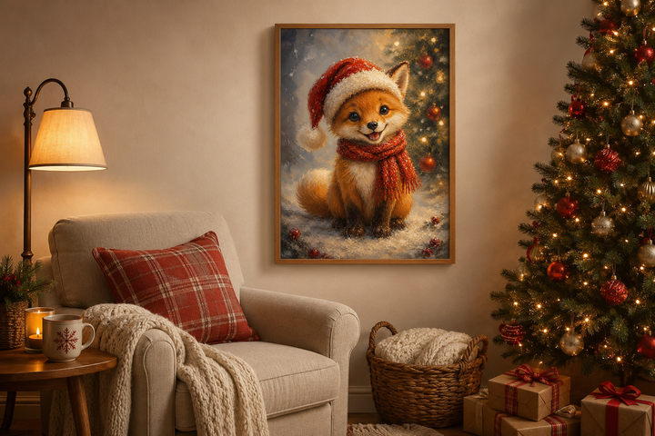 Framed canvas print of a cute fox in a Santa hat and red scarf in a cozy Christmas living room.