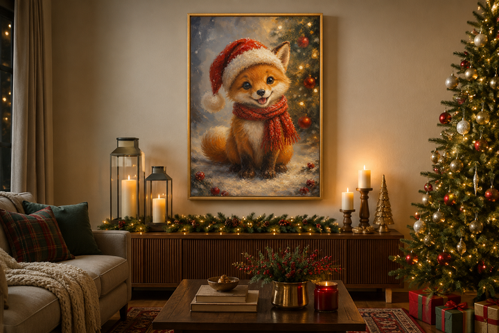 Framed canvas print of a cute fox in a Santa hat and red scarf, hanging in a cozy Christmas room.