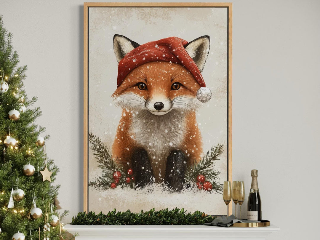 Christmas Fox Wall Art – Festive Canvas Print With Santa Hat | Rustic Nursery Decor