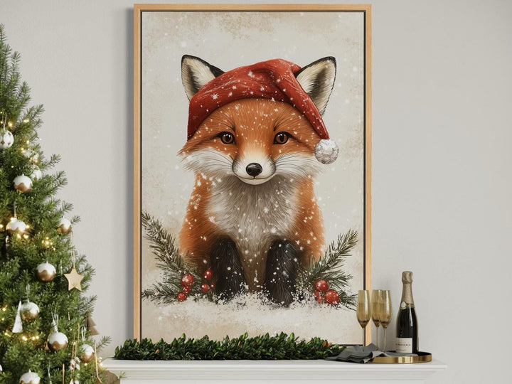 Christmas Fox Wall Art – Festive Canvas Print With Santa Hat | Rustic Nursery Decor