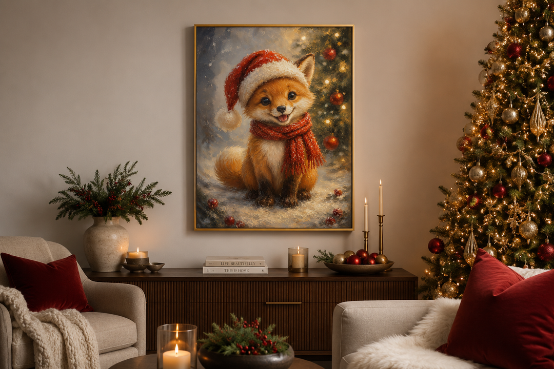 Framed canvas print of a cute fox in a Santa hat and red scarf, hanging in a festive living room.