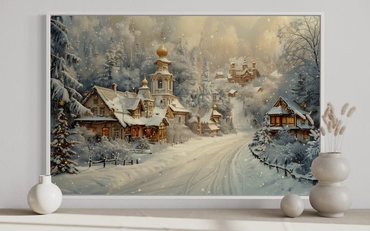 Christmas In Snowy Winter Village Framed Canvas Wall Art