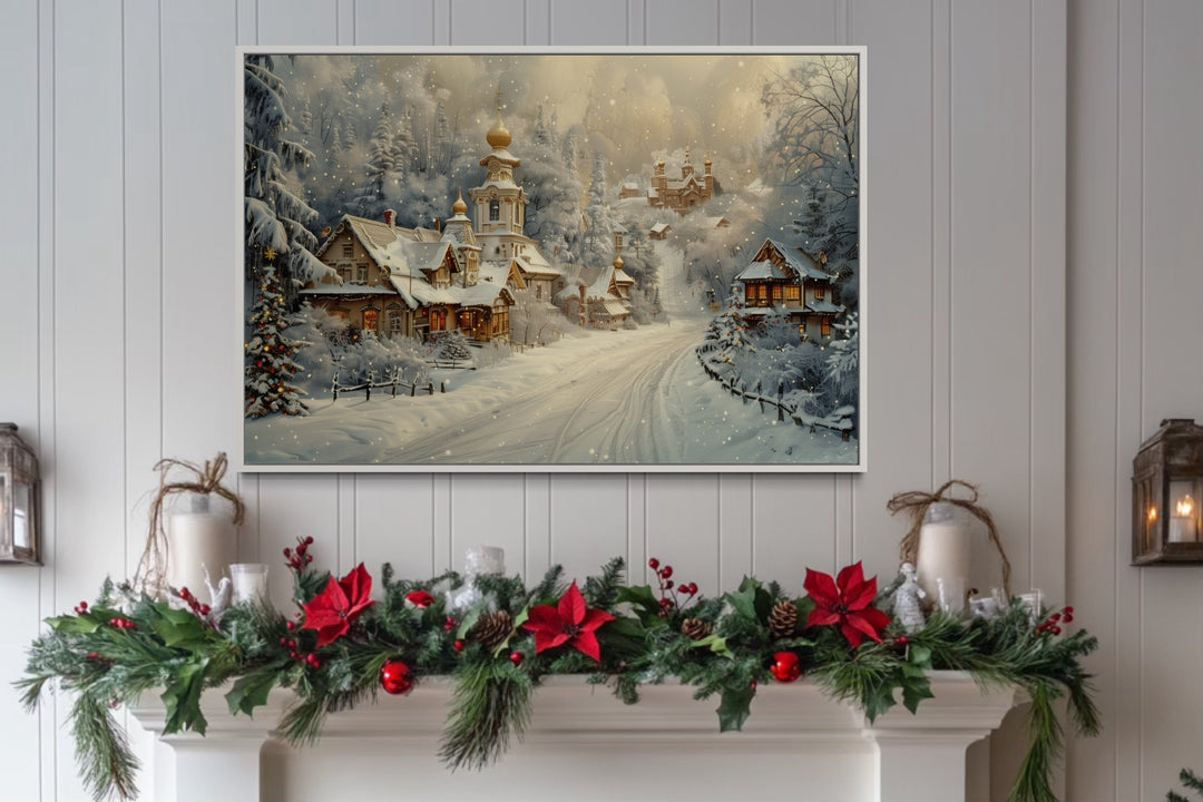 Christmas In Snowy Winter Village Framed Canvas Wall Art