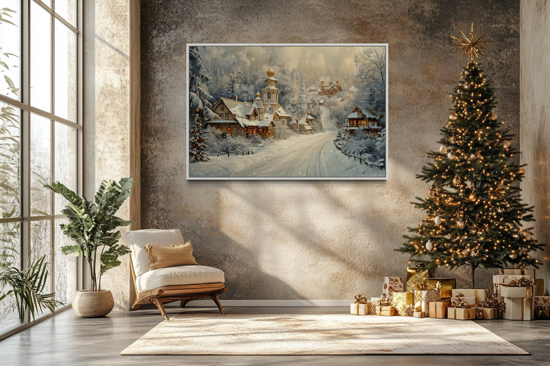 Christmas In Snowy Winter Village Framed Canvas Wall Art