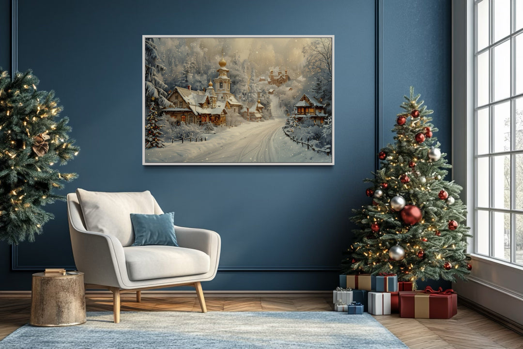 Christmas In Snowy Winter Village Framed Canvas Wall Art