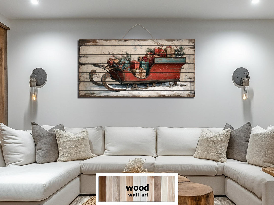 Christmas Sleigh With Presents Distressed Wood Wall Art