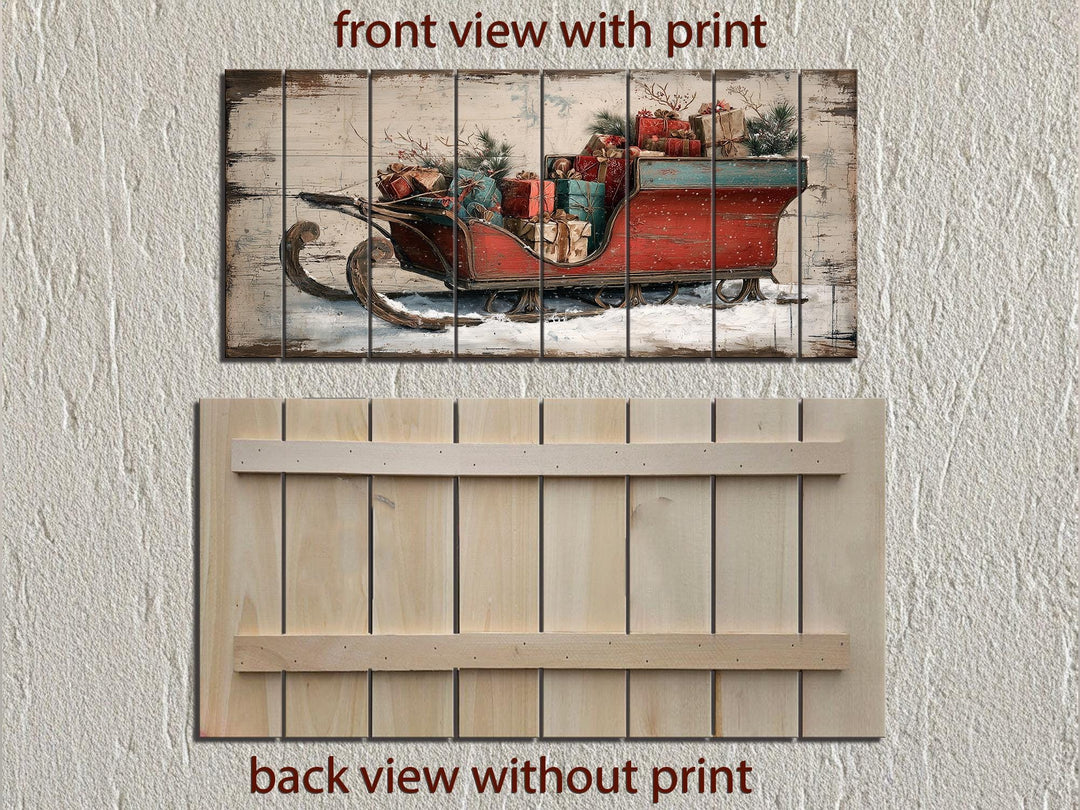 Christmas Sleigh With Presents Distressed Wood Wall Art